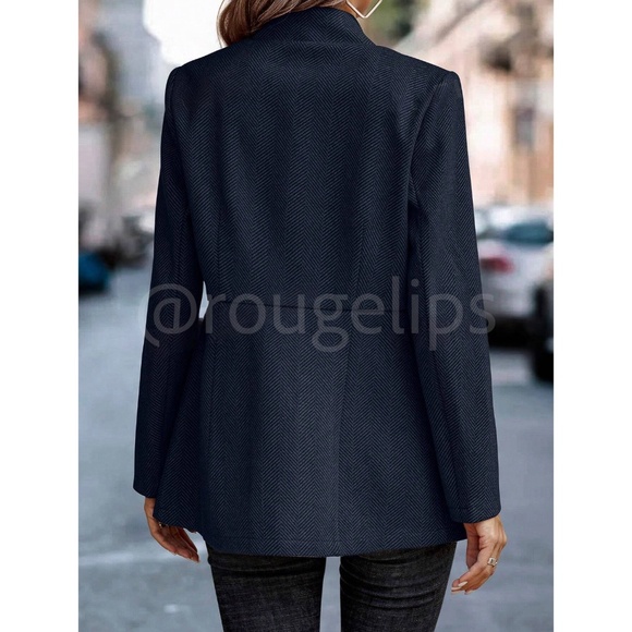 Navy Blue Casual Jacket Blazer Open Front Overcoat Faux Side Pockets Long Sleeve - Picture 3 of 6